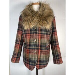 Joe Browns Women's Funky Funtime Faux Fur Collar Plaid Fall Jacket Size 16